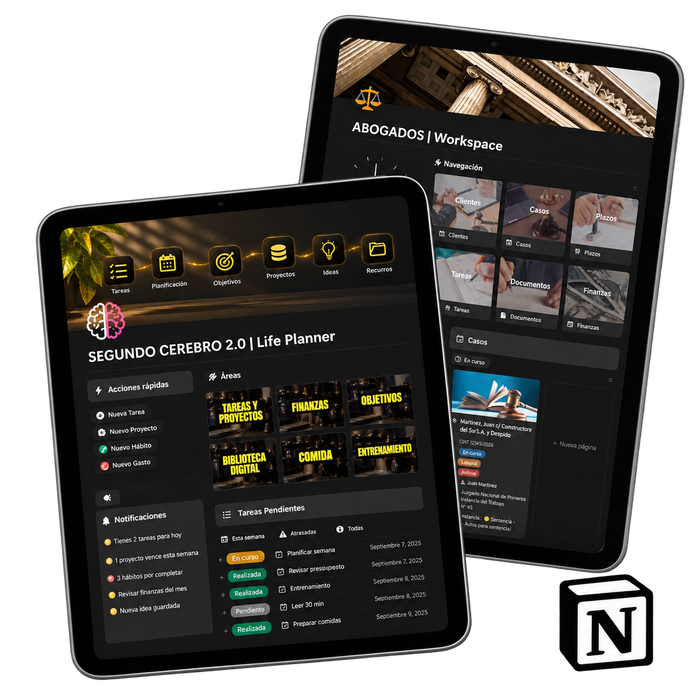 Plantilla Notion Abogados | Workspace y Segundo Cerebro | Planificador